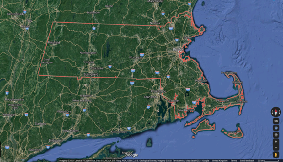 A screenshot of Massachusetts from Google Maps.