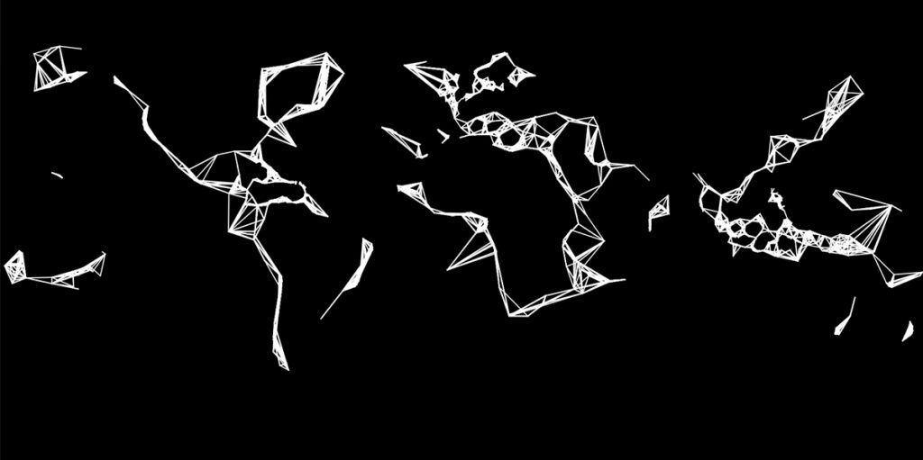 On a black background, dots that are in proximity are connected via white lines that form triangular shapes. Abstract shapes appear: Two small shapes on the left, followed by a polygonal shape that spans diagonally along the left side of the image. The shape in the middle looks most like a continent. A shape on the right side is closed on its left side and opens into various directions towards the right.