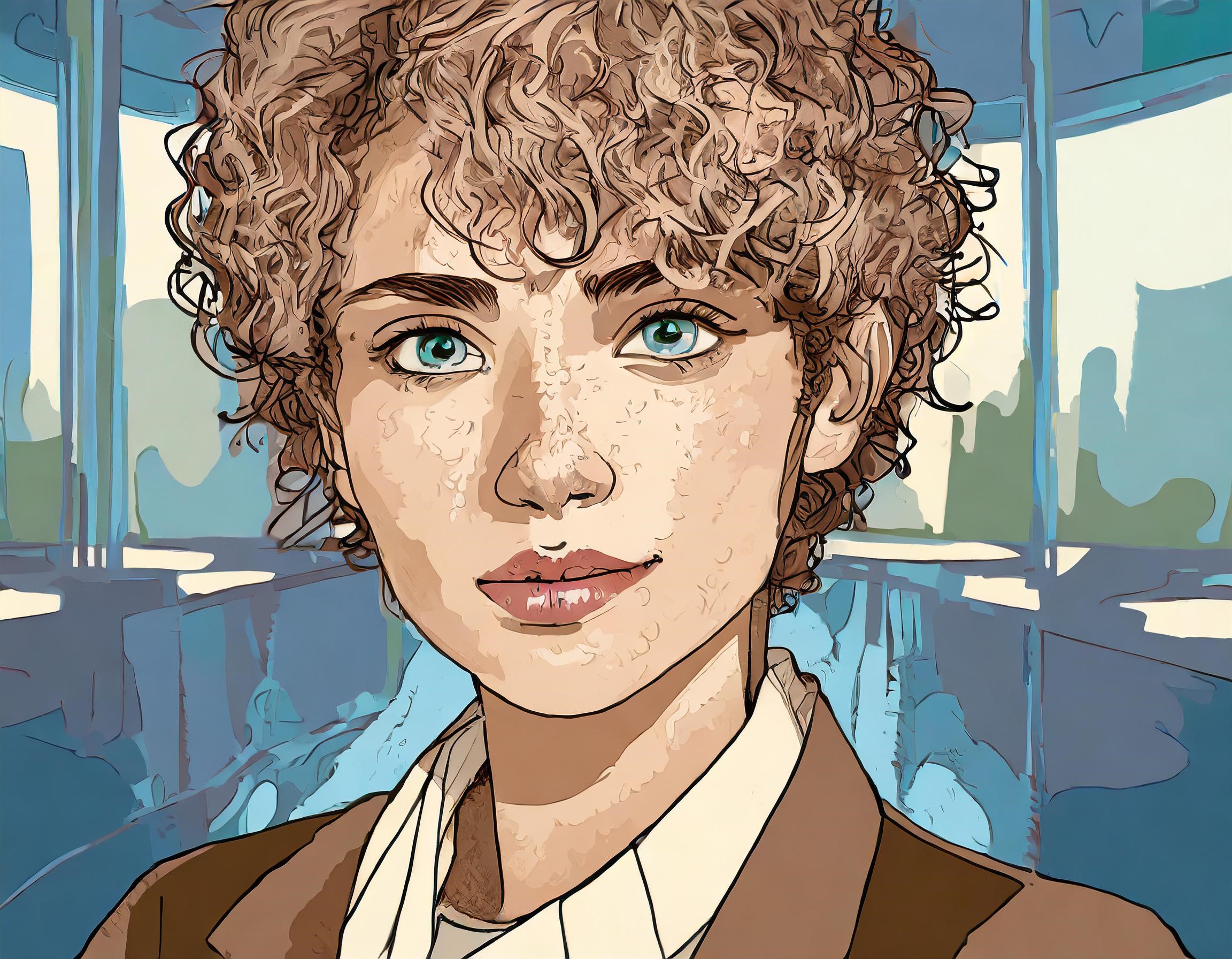 a drawing of a white androgynous looking woman with curly hair and blue eyes, wearing a brown coat, against a city skyline
