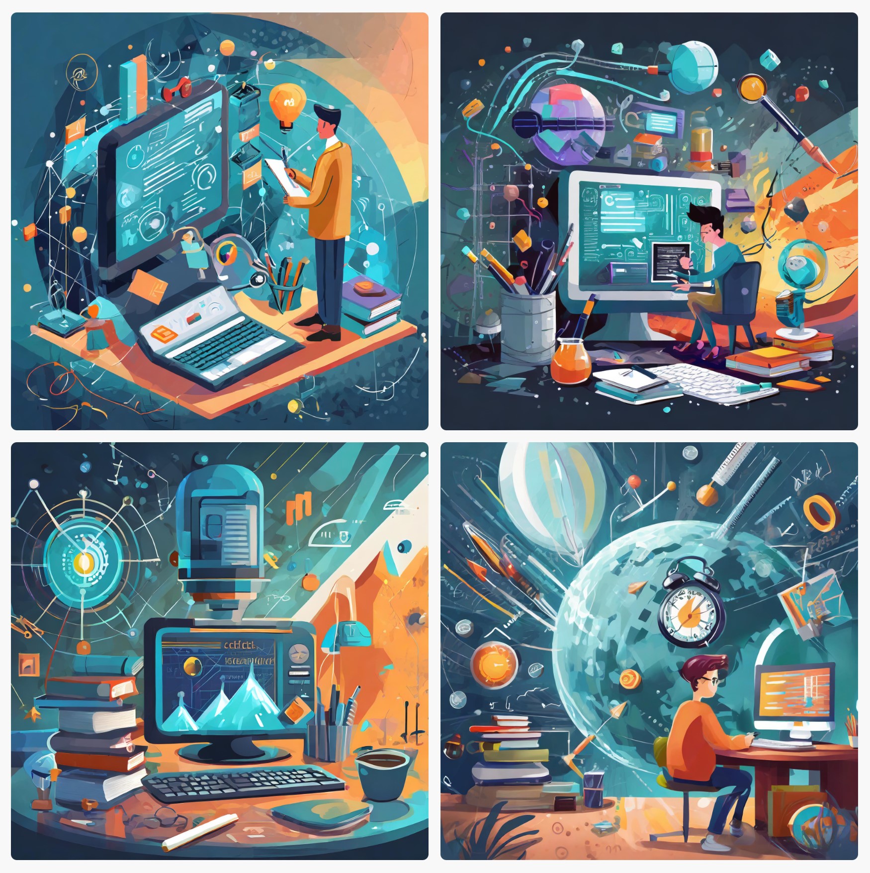 four colorful images displaying screens, keyboards, plantets, and a few male human figures interacting with them